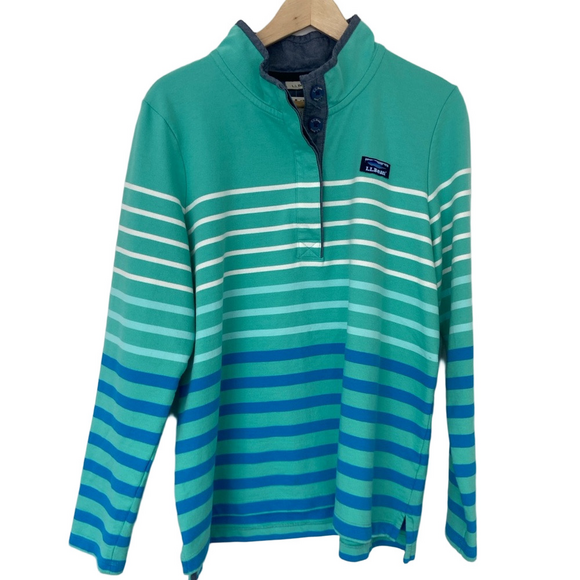 L.L. Bean Tops - L.L. BEAN TEAL BLUE STRIPED LONG SLEEVED CLASSIC POLO SHIRT, LARGE